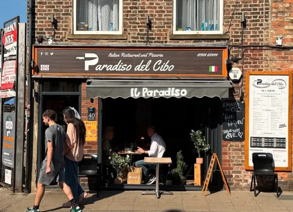Paradiso del Cibo Italian restaurant exterior in York near Hocus Pocus Tiny Hotel