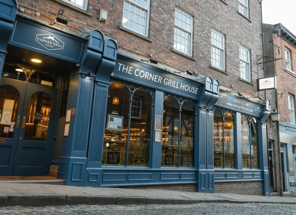 The Corner Grill House steakhouse exterior in York near Hocus Pocus Tiny Hotel