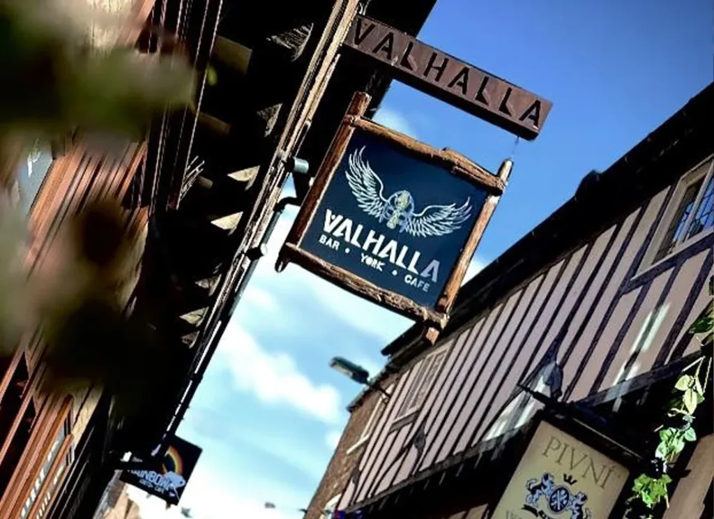Valhalla Viking bar sign in York near Hocus Pocus Tiny Hotel